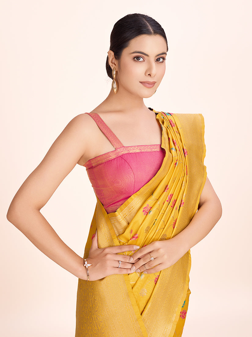 Monjolika Fashion Exquisite Designs With This Regal Yellow Rich Look Banarasi Tissue Silk Saree | Grocsy