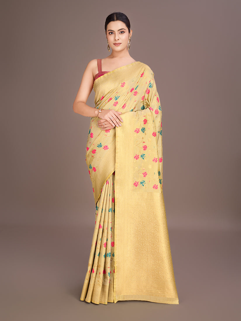 Monjolika Fashion Exquisite Designs With This Regal Cream Rich Look Banarasi Tissue Silk Saree | Grocsy