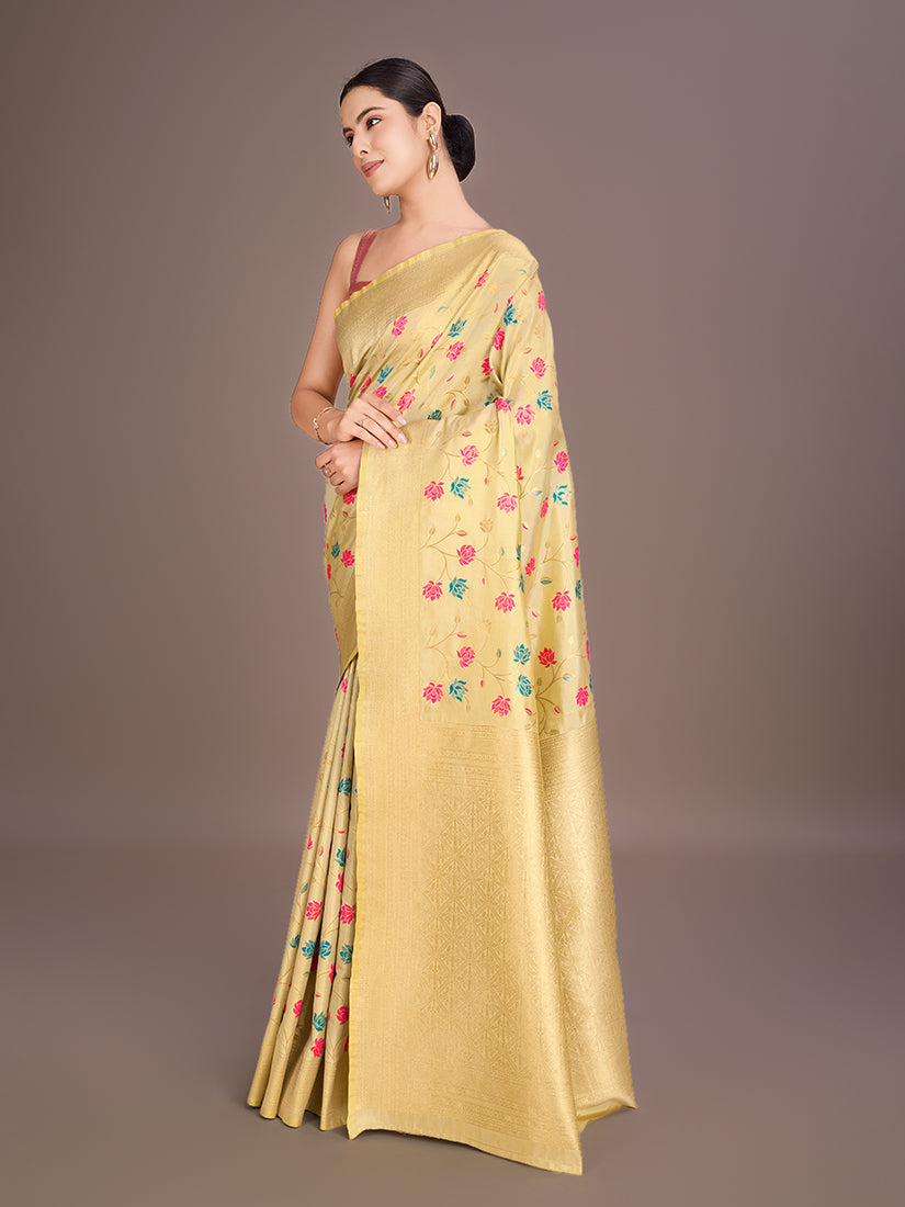 Monjolika Fashion Exquisite Designs With This Regal Cream Rich Look Banarasi Tissue Silk Saree | Grocsy