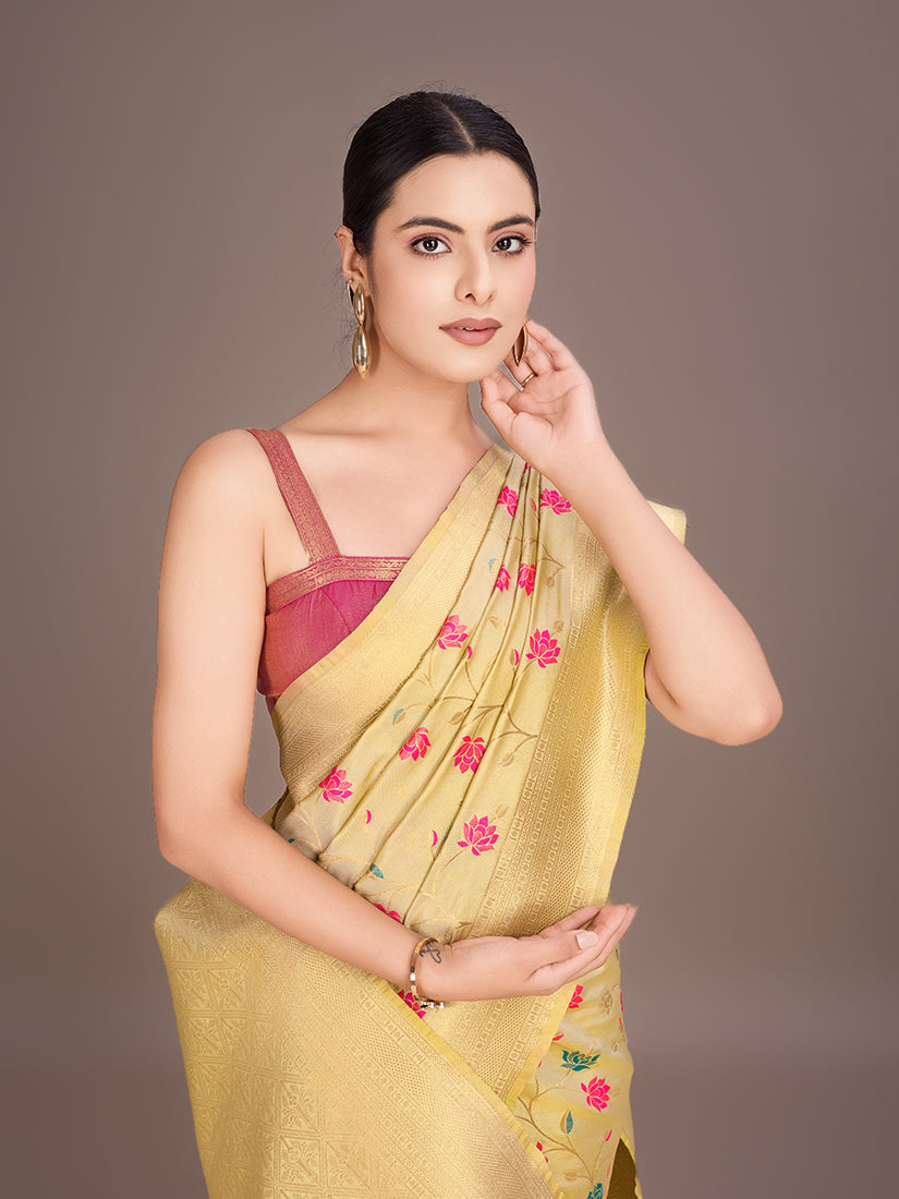 Monjolika Fashion Exquisite Designs With This Regal Cream Rich Look Banarasi Tissue Silk Saree | Grocsy
