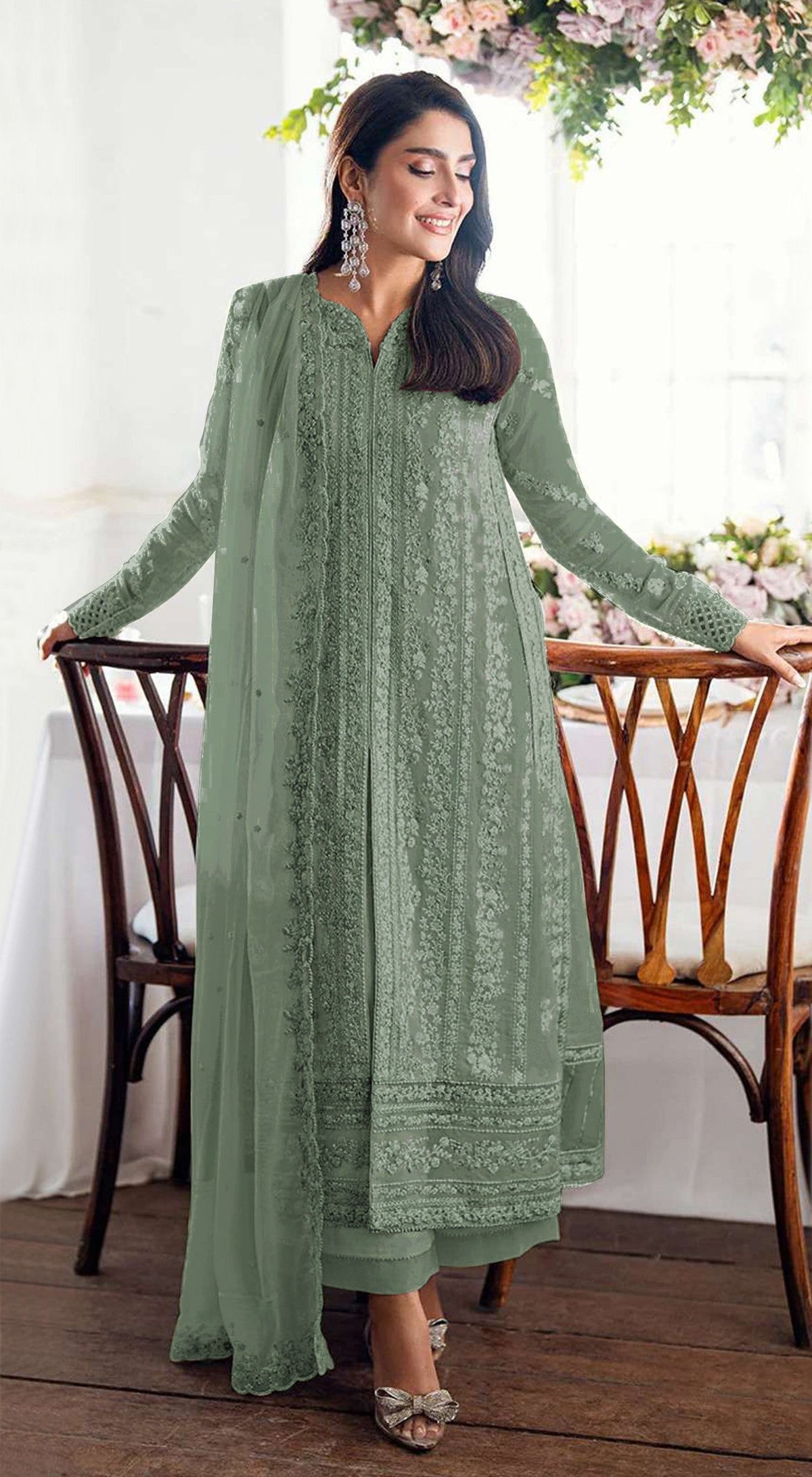 Anaita Teal Green Faux Georgette Suit With Embroidery Sequence & Khatli Work | Grocsy