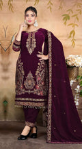 Anaita Maroon Velvet Suit With Embroidery & Zarkan Work | Grocsy
