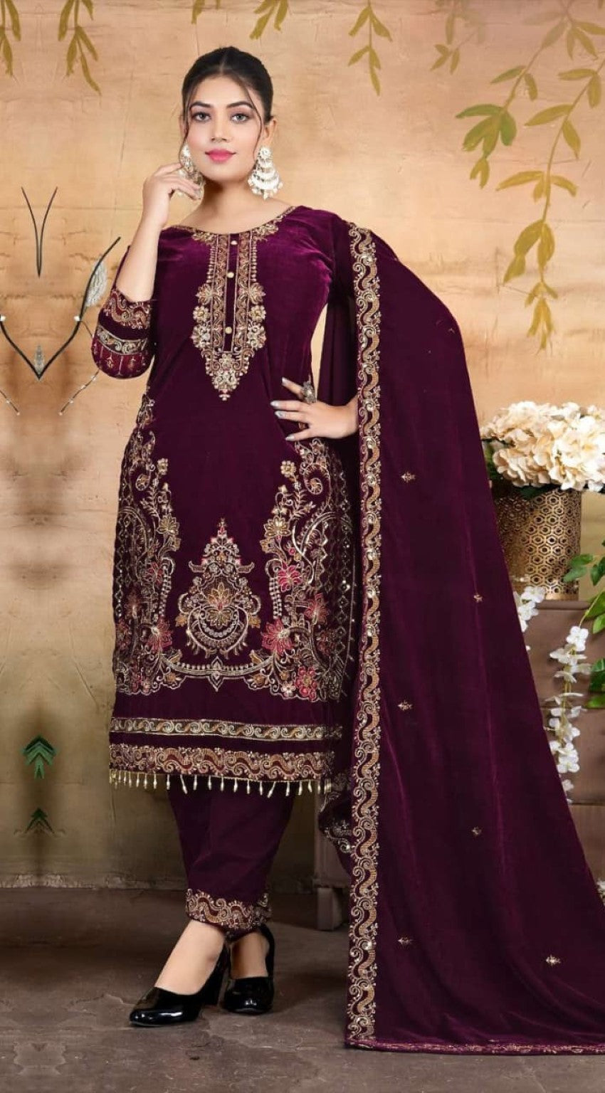 Anaita Maroon Velvet Suit With Embroidery & Zarkan Work | Grocsy