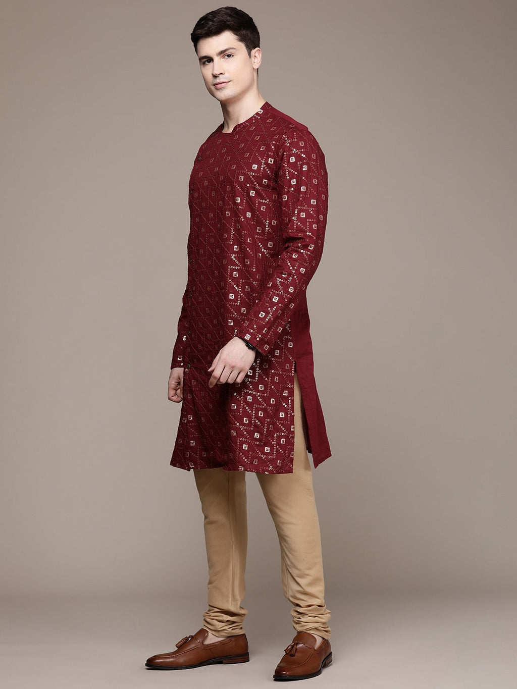 House of Pataudi Ethnic Motifs Embroidered Pure Cotton Sequinned Jashn Kurta | Grocsy