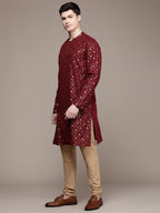 House of Pataudi Ethnic Motifs Embroidered Pure Cotton Sequinned Jashn Kurta | Grocsy