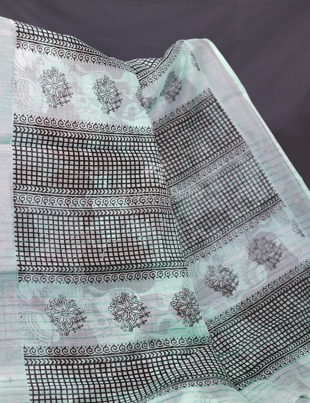 Gleaming Sea Blue And Black Pichwai Print Cotton Linen Saree By Gayathri Reddy Designer Studio | Grocsy