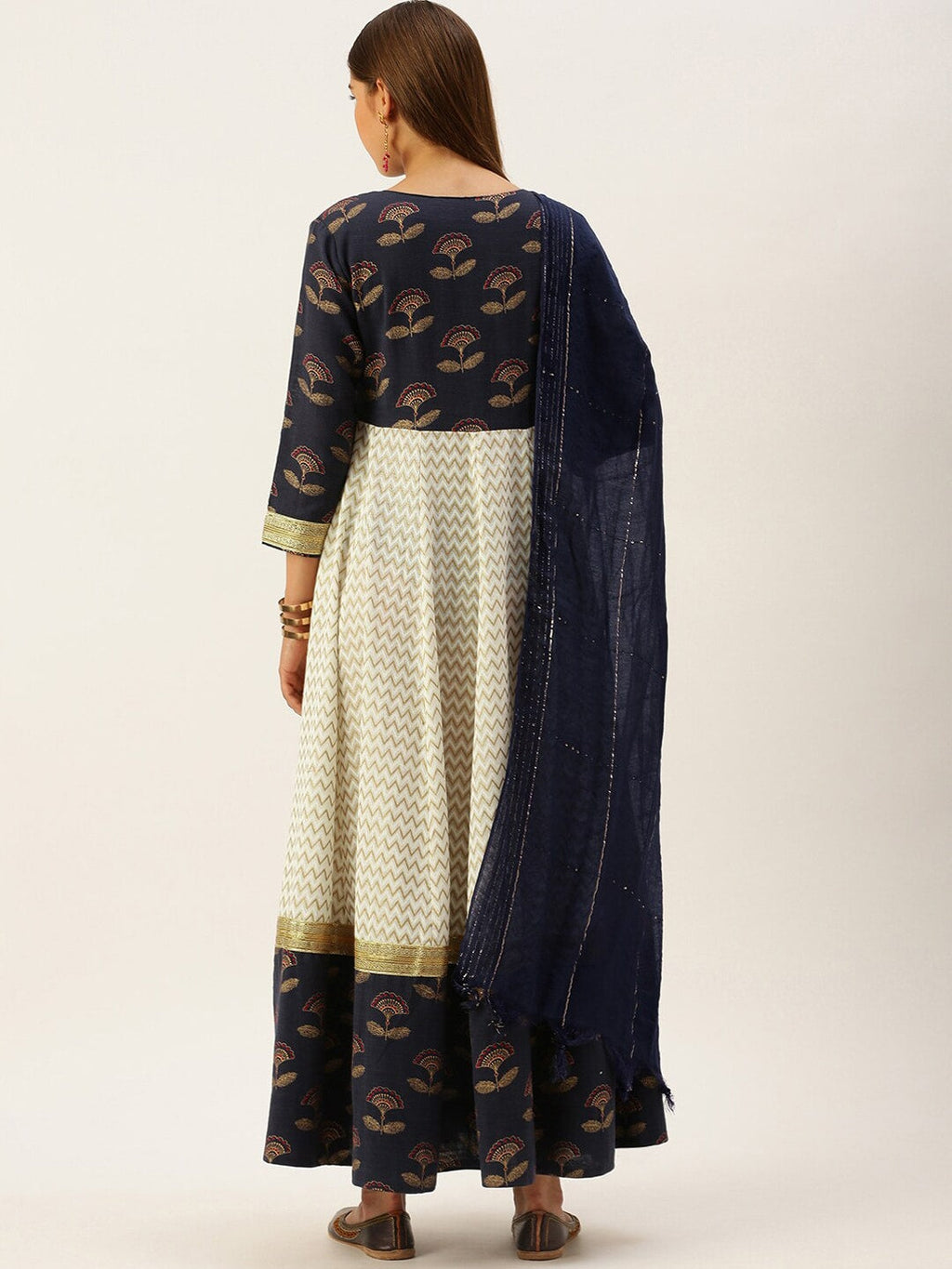 HERE&NOW Women Blue & Cream-Coloured Ethnic Motifs Printed Anarkali Kurta With Dupatta | Grocsy