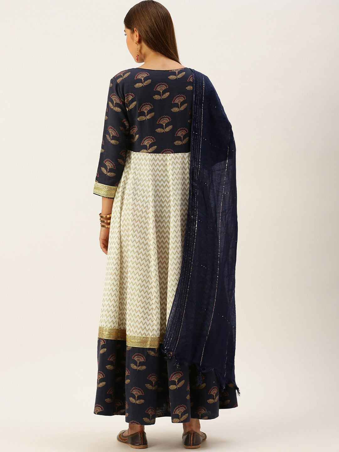 HERE&NOW Women Blue & Cream-Coloured Ethnic Motifs Printed Anarkali Kurta With Dupatta | Grocsy