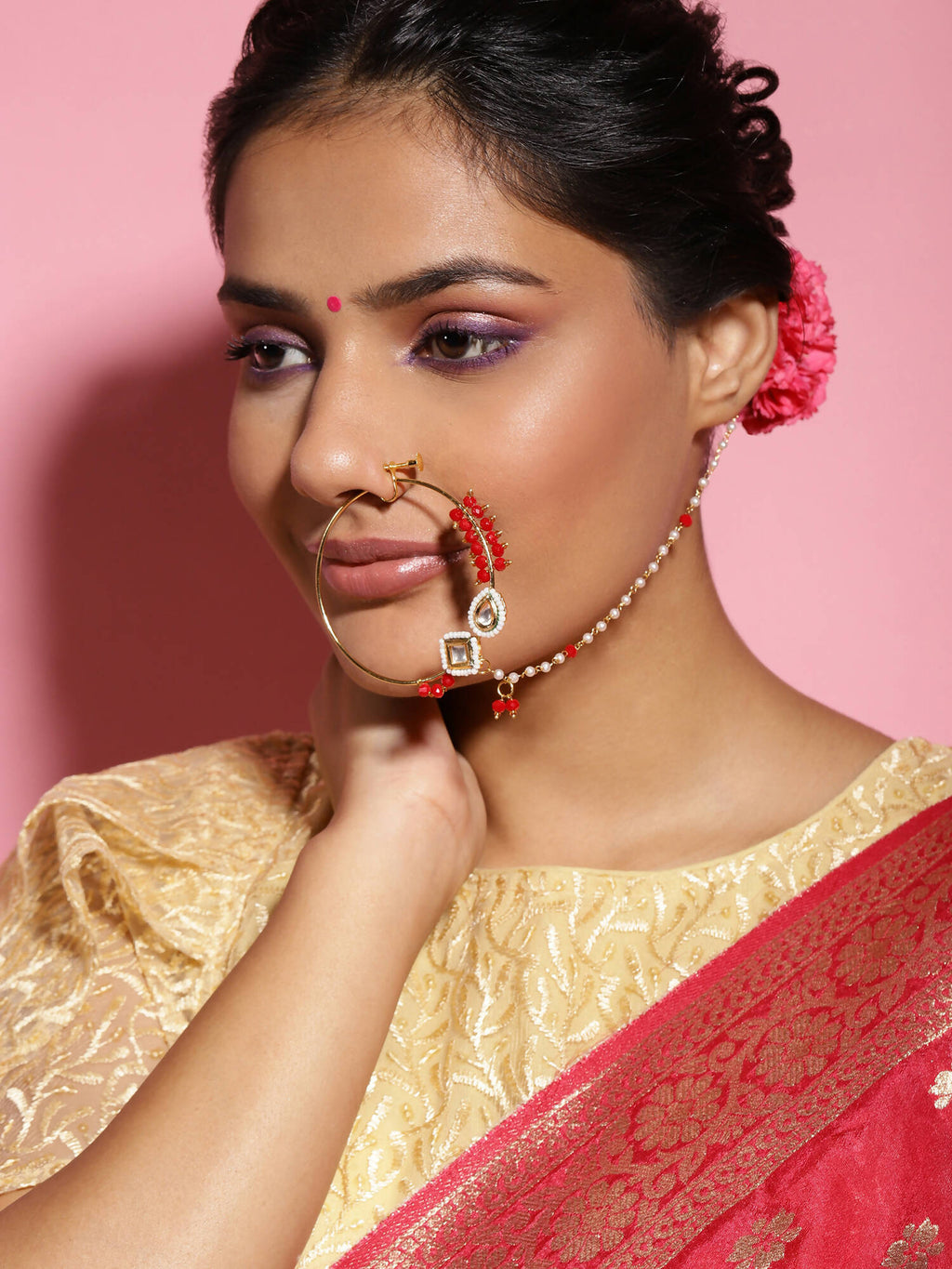 Gold-Polished White Red Stone-Studded Pearl Beaded Nosepin - Ruby Raang | Grocsy