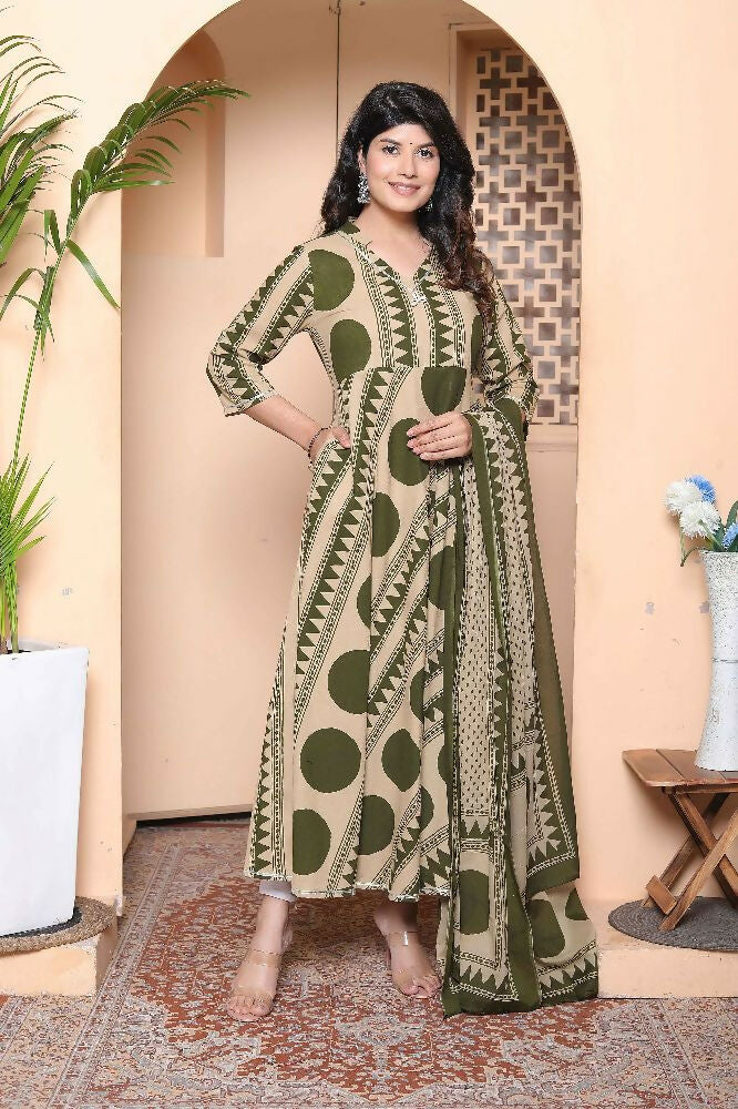 Miravan Women'S Polka Dot Printed Pure Cotton Anarkali Kurta With Dupatta | Grocsy