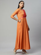 Ahalyaa Women's Orange Crepe Gold Print Dress | Grocsy