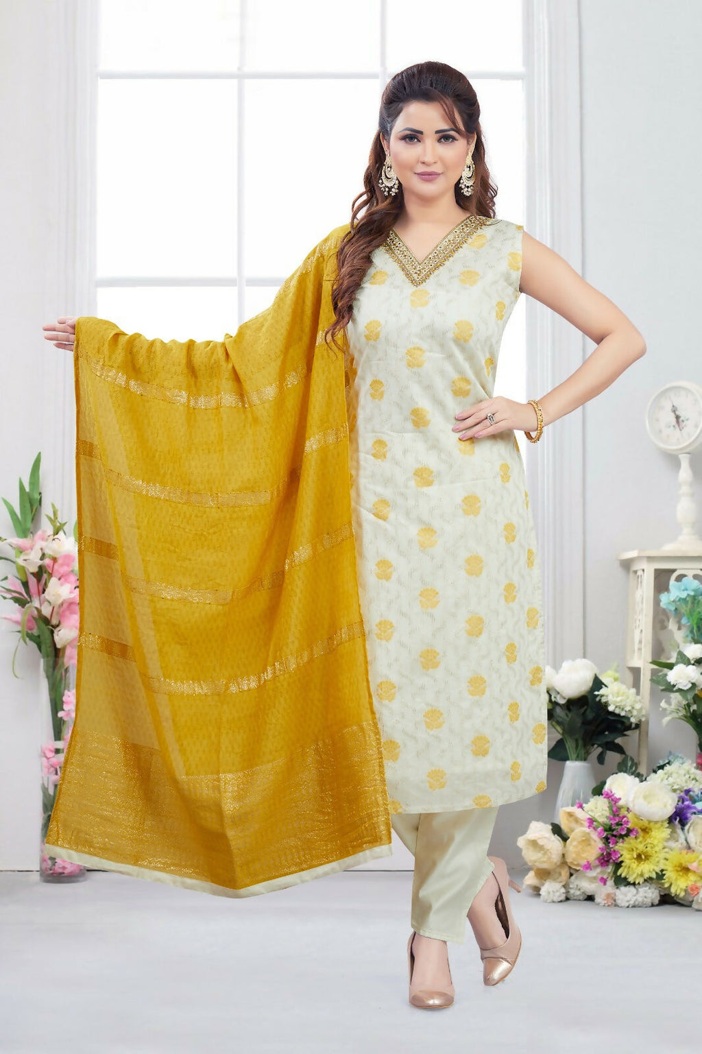 Joban Fashion Jacquard Cream Color Kurta Set | Grocsy