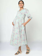 Manet Three Fourth Maternity Dress Pink Floral Print With Concealed Zipper Nursing Access - Green | Grocsy