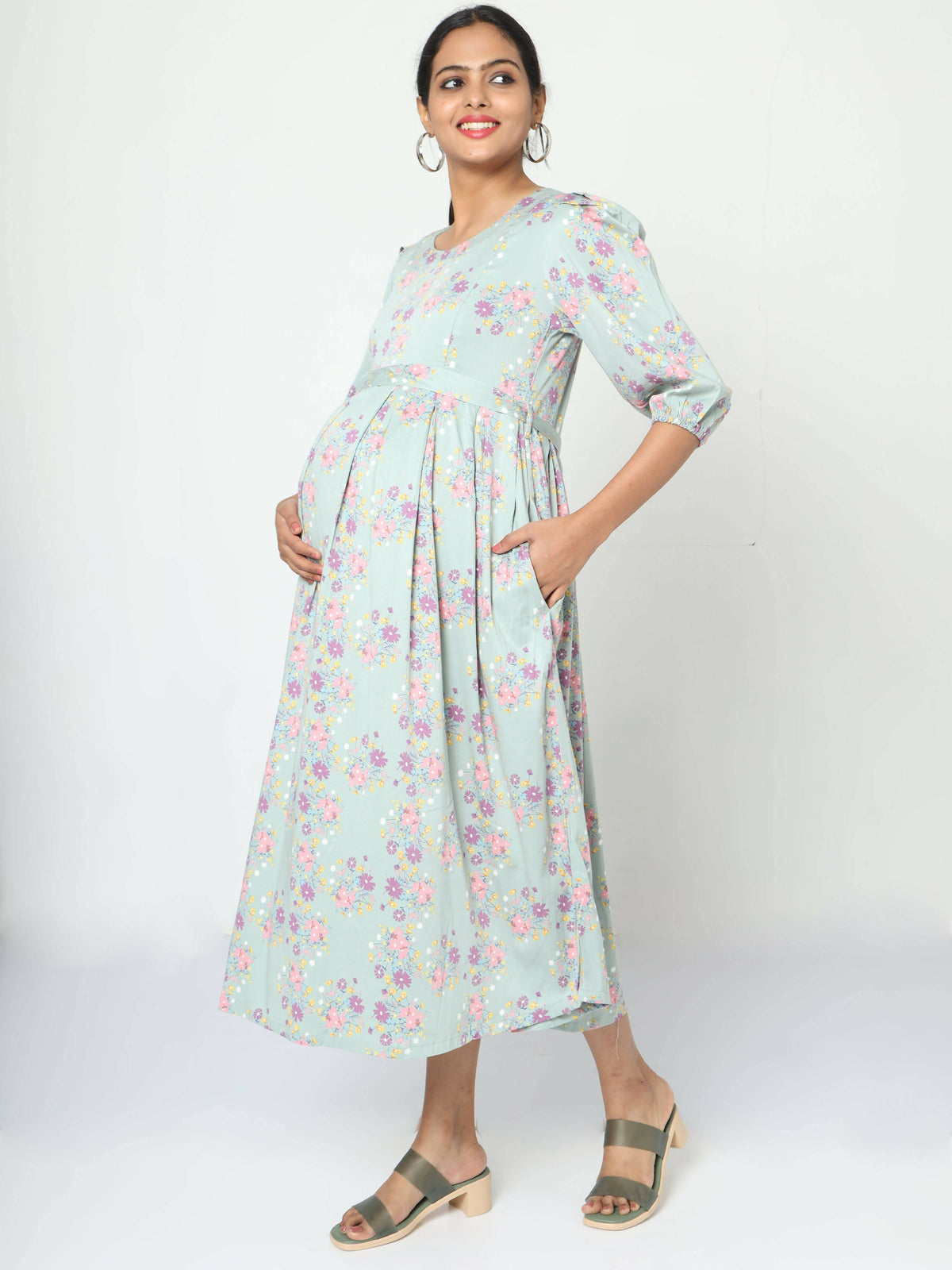Manet Three Fourth Maternity Dress Pink Floral Print With Concealed Zipper Nursing Access - Green | Grocsy