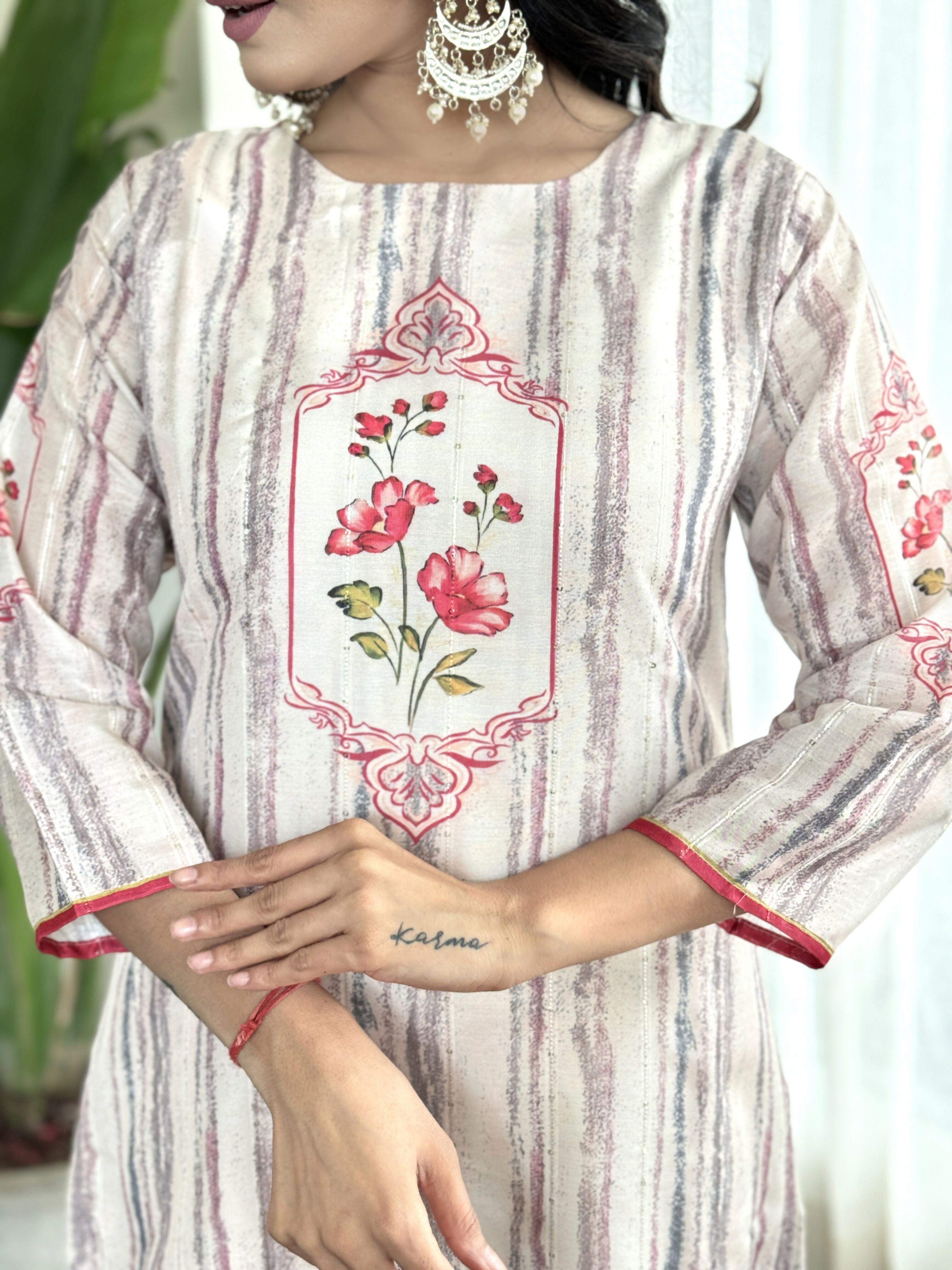 White Multi Viscose Chanderi Stitched Suit With Dupatta - Tanisha | Grocsy