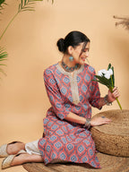 InWeave Women's Red Blue Ogee Print Gota Straight Kurta Pant Set | Grocsy