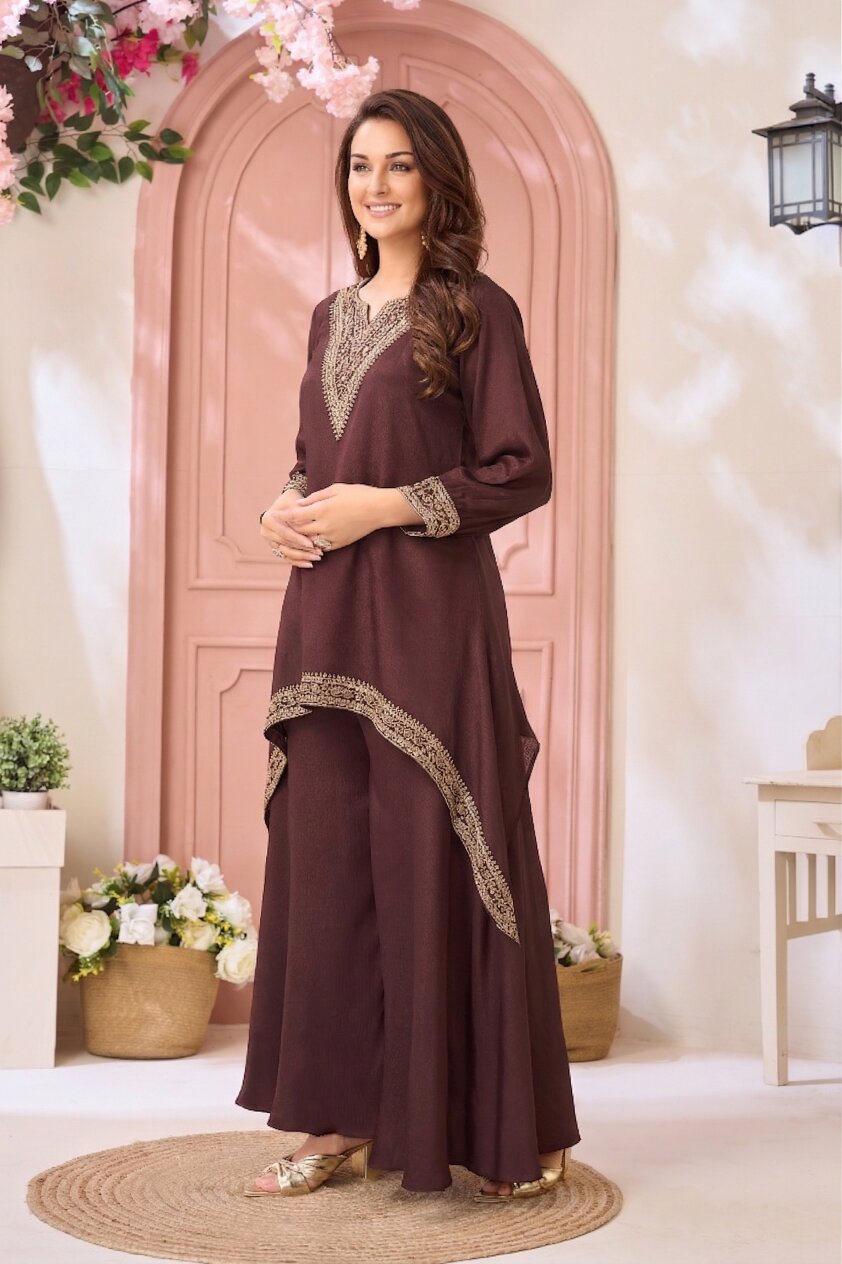 Anaita Coffee Readymade Suit with Coding Work | Grocsy