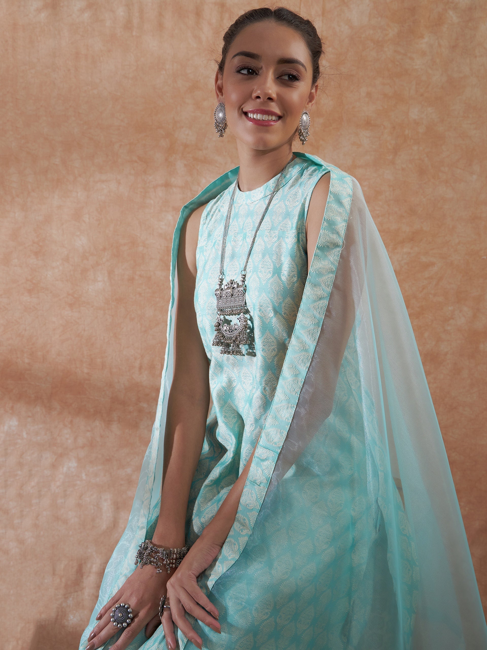 InWeave Women's Powder Blue Jacquard Halter Kurta Set W Powder Blue Or Dupatta | Grocsy