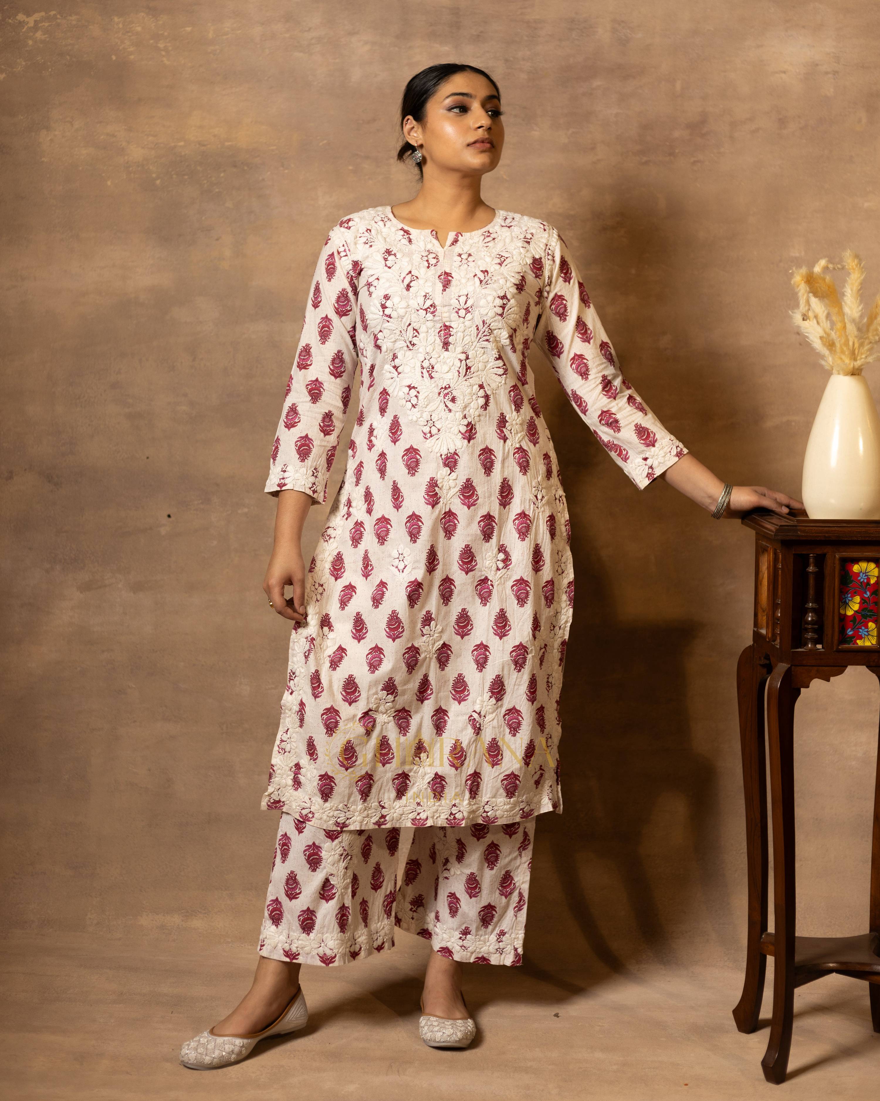Gharana India Cotton Coord Floral Printed Kurta With Palazzo Set | Grocsy