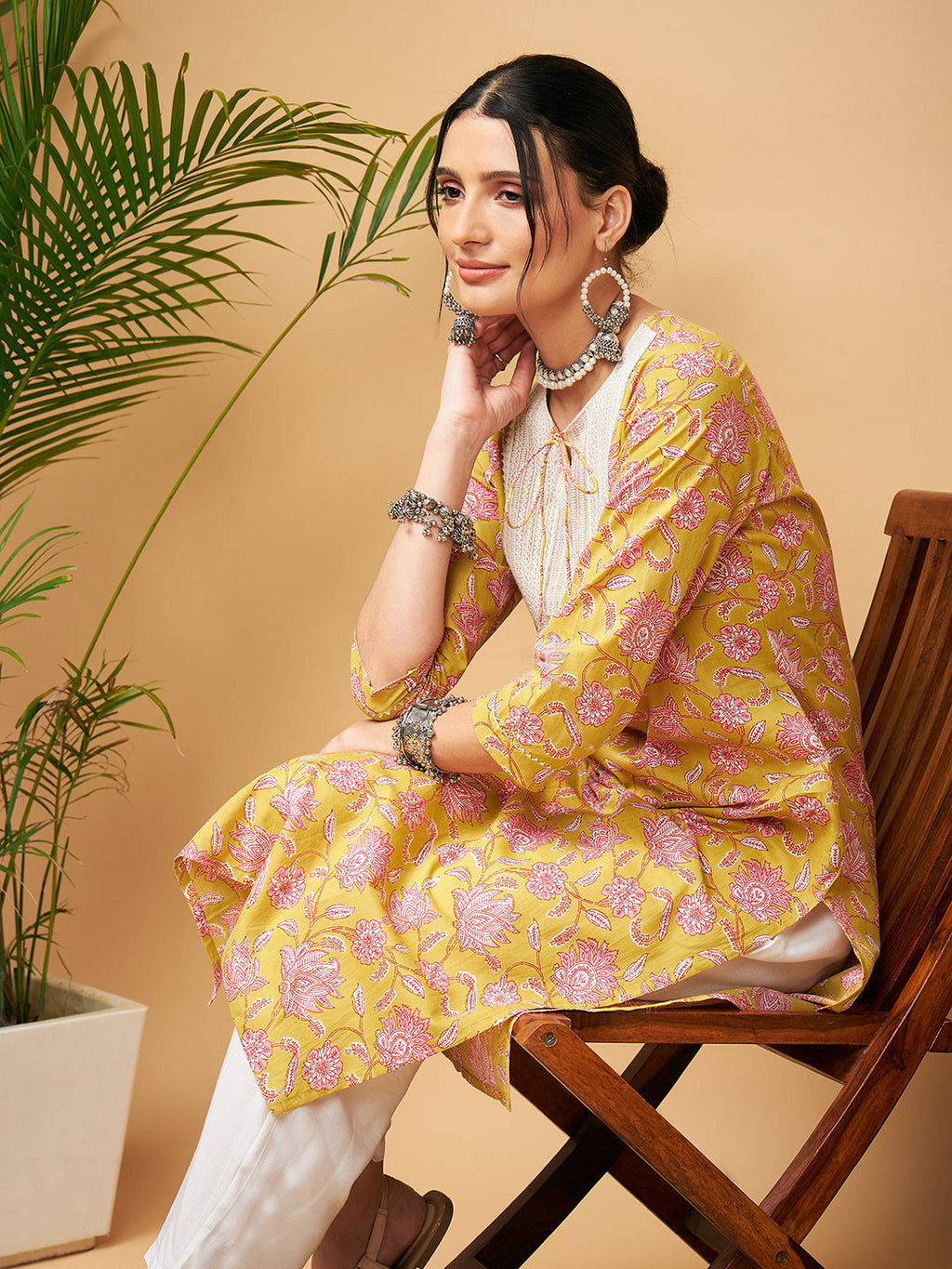 InWeave Women's Lime Pink Print Patch Cotton Straight Kurta | Grocsy