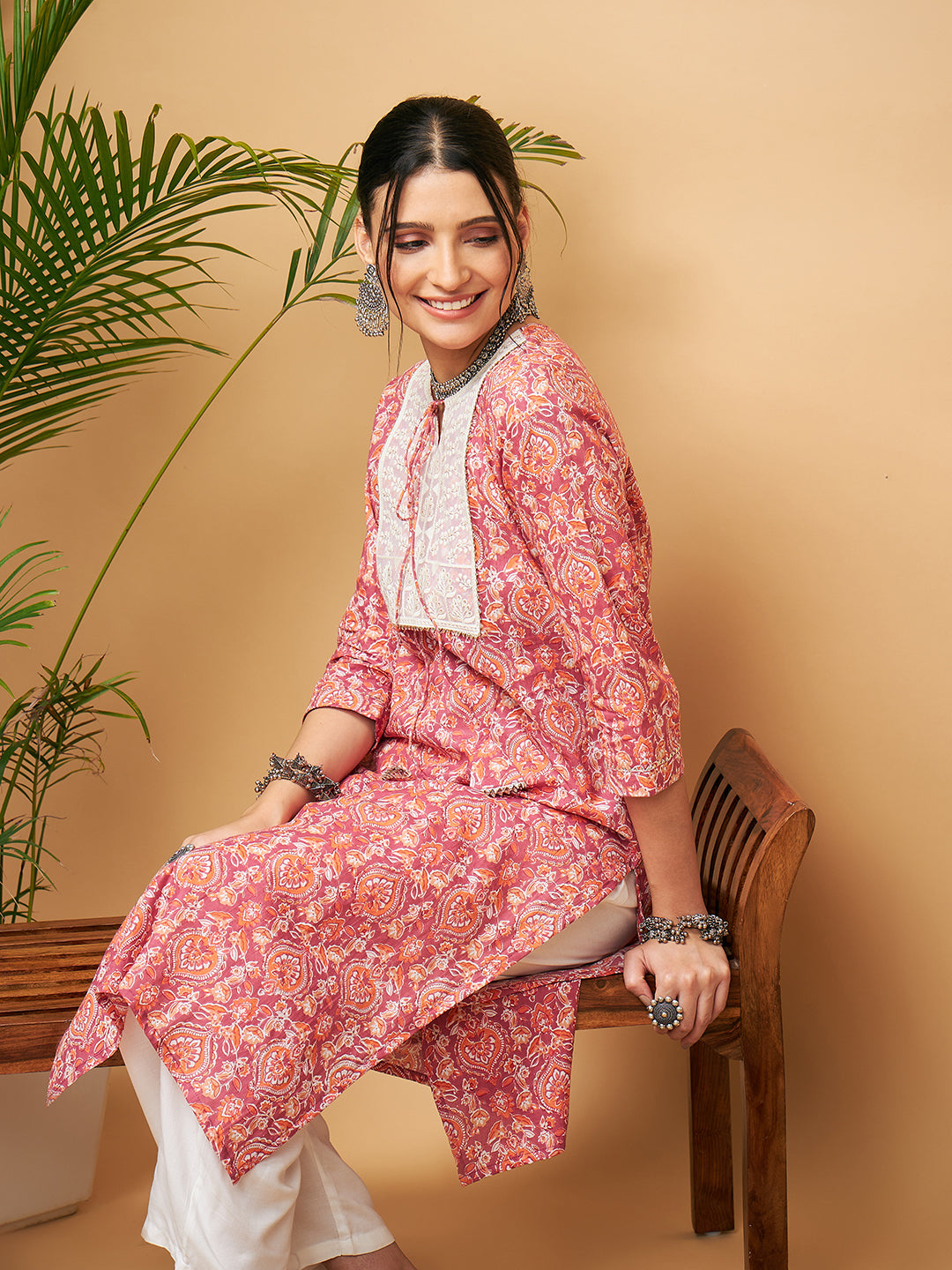 InWeave Women's Dusty Pink Paisley Patch Straight Kurta Pant Set | Grocsy
