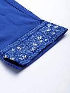Ahalyaa Women Blue Floral Printed Pure Cotton Kurta with Trousers | Grocsy