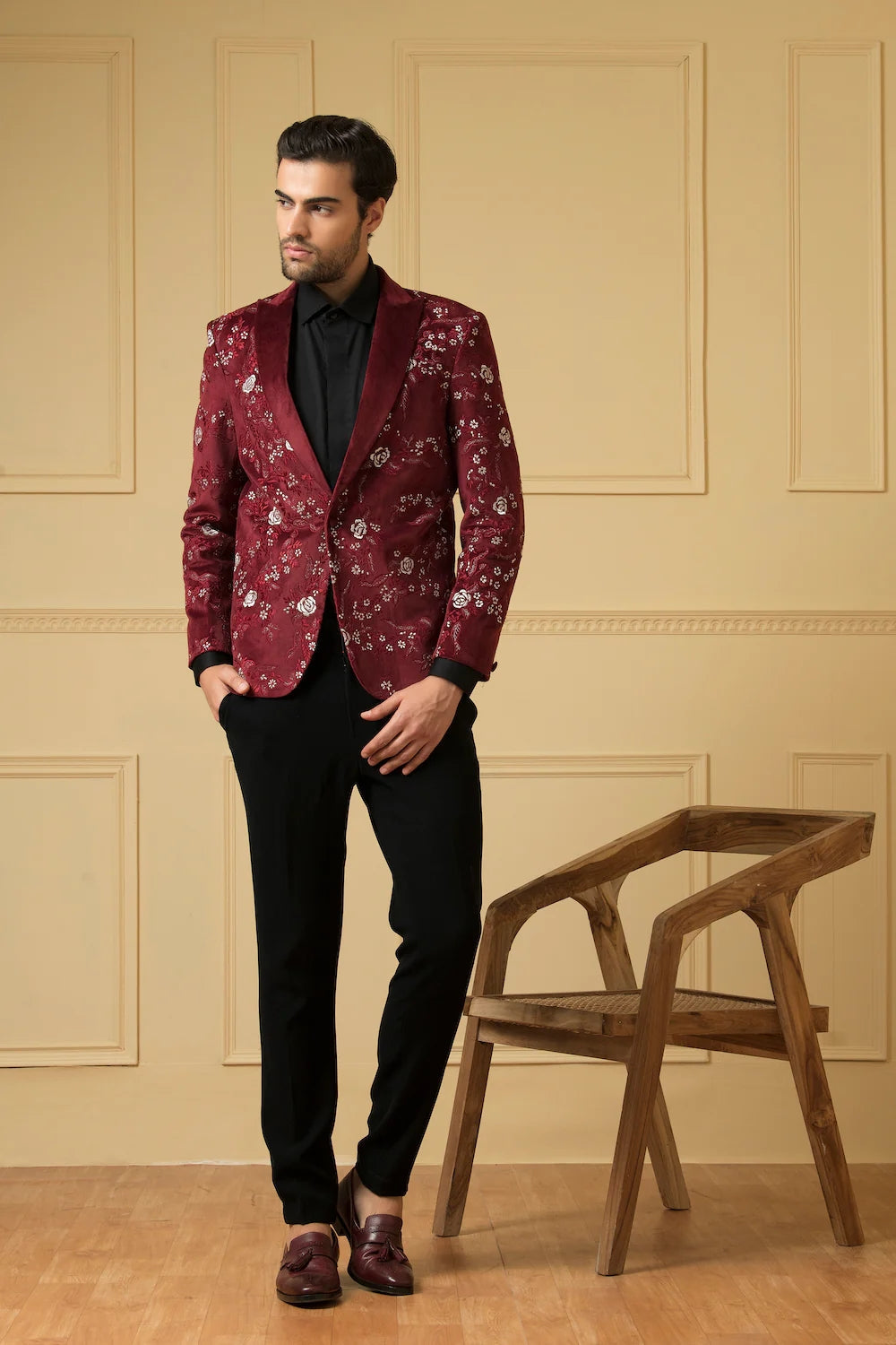 Maroon Embriodered Blazer by Hilo Design | Grocsy