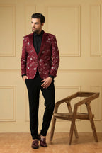 Maroon Embriodered Blazer by Hilo Design | Grocsy