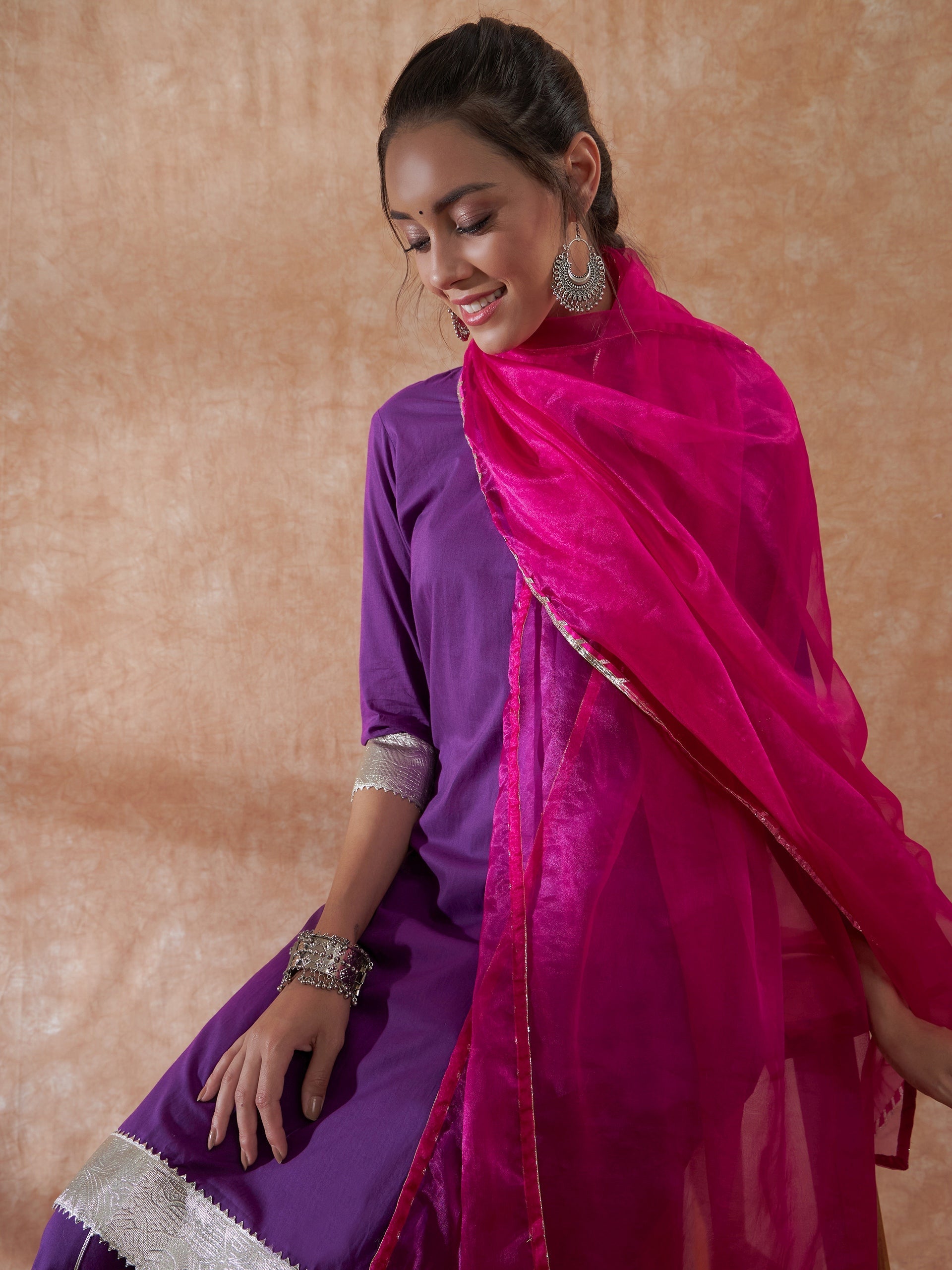 InWeave Women's Purple Gota Work Anarkali Kurta Set W Dupatta | Grocsy