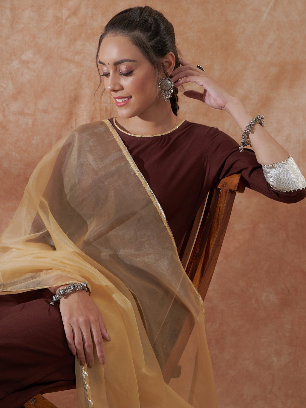 InWeave Women's Brown Gota Work Anarkali Kurta Set W Dupatta | Grocsy
