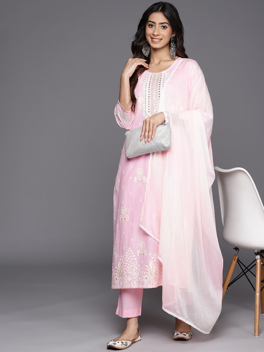 KSUT (House of Varanga) Pink Thread And Mirror Embroidered Kurta Paired With Straight Trouser And Chiffon Dupatta | Grocsy