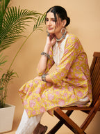 InWeave Women's Lime Pink Print Patch Cotton Straight Kurta Pant Set | Grocsy