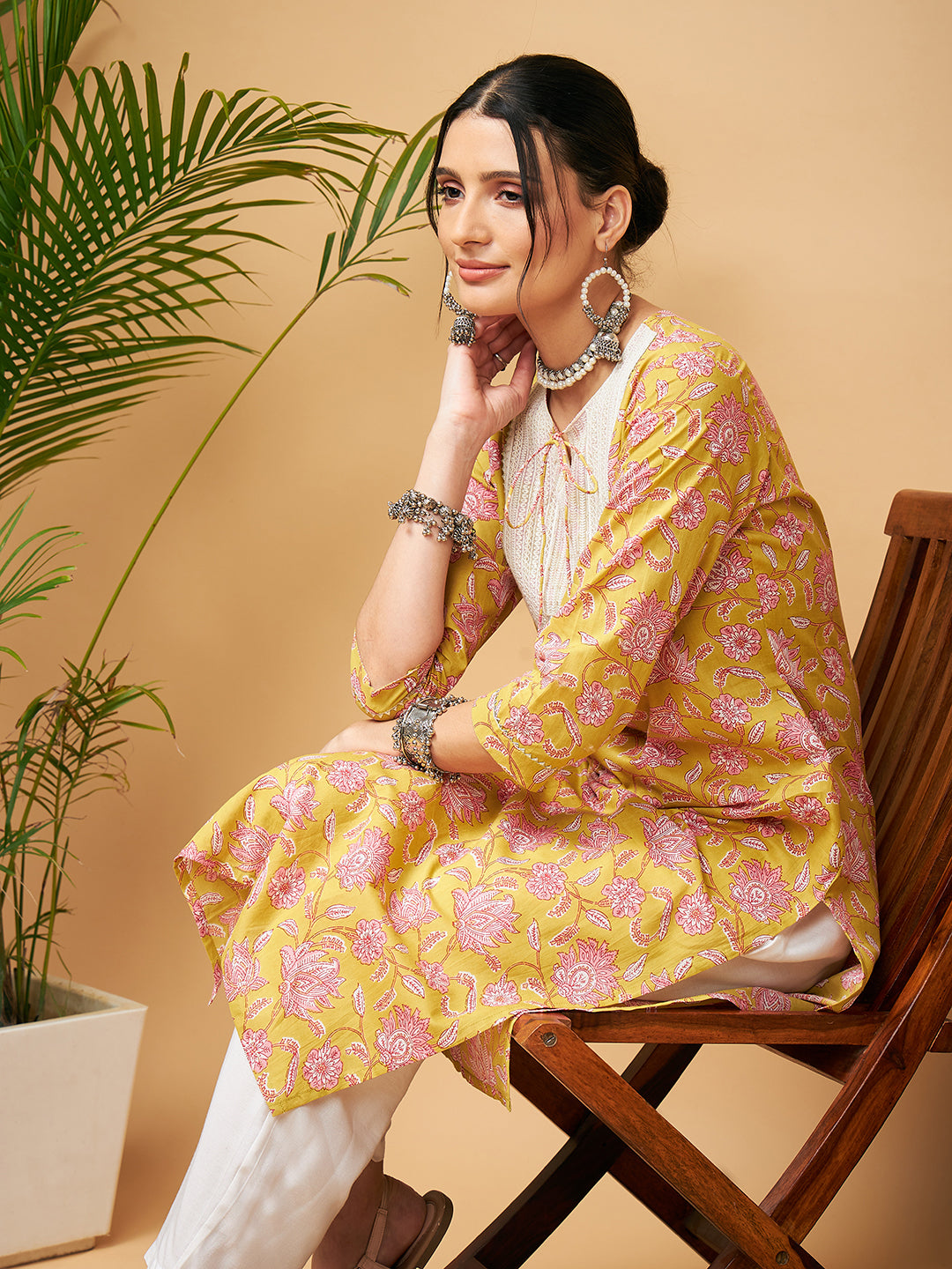 InWeave Women's Lime Pink Print Patch Cotton Straight Kurta Pant Set | Grocsy