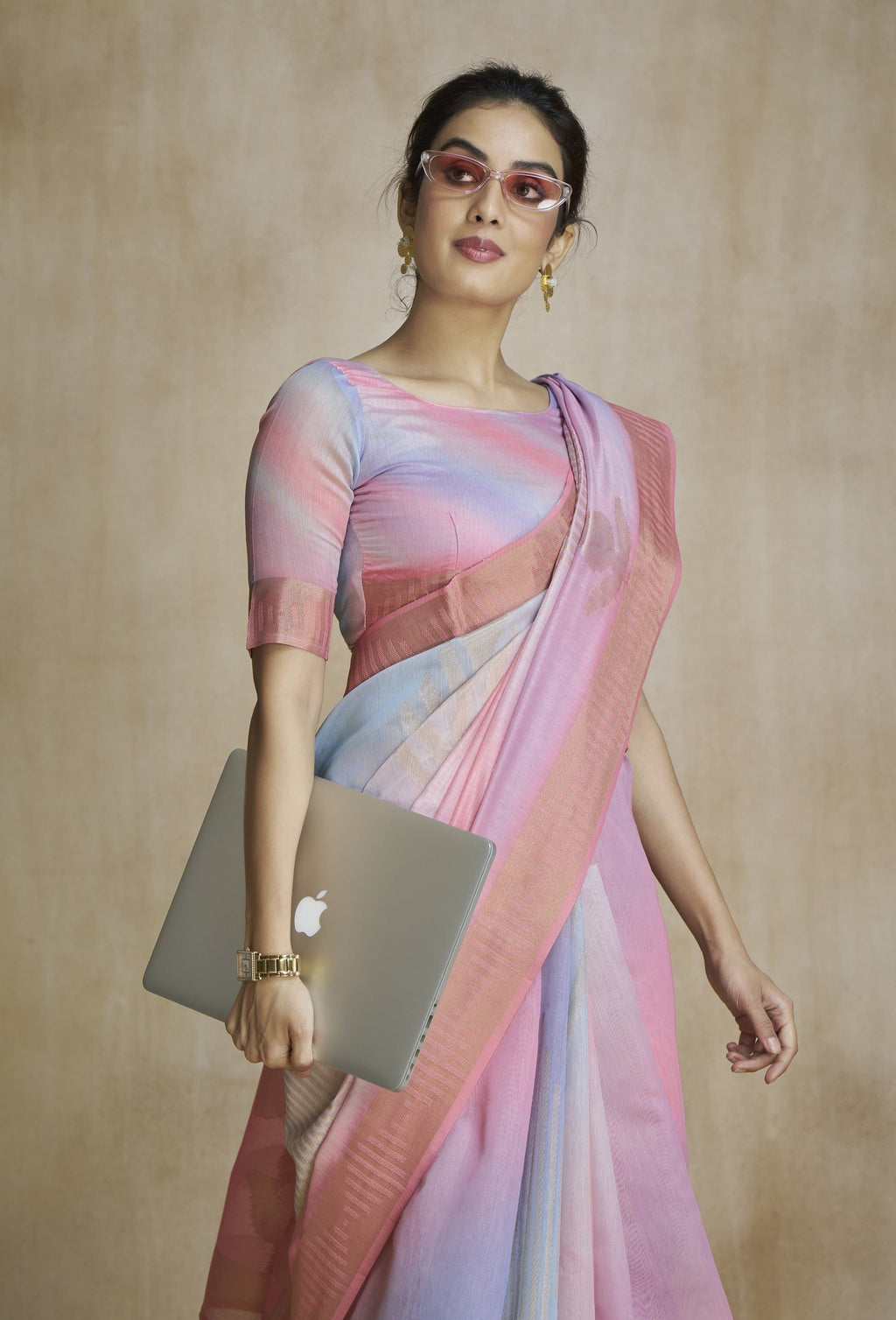 Anaita Pink Fancy Fabric With Digital Print Saree With Blouse | Grocsy