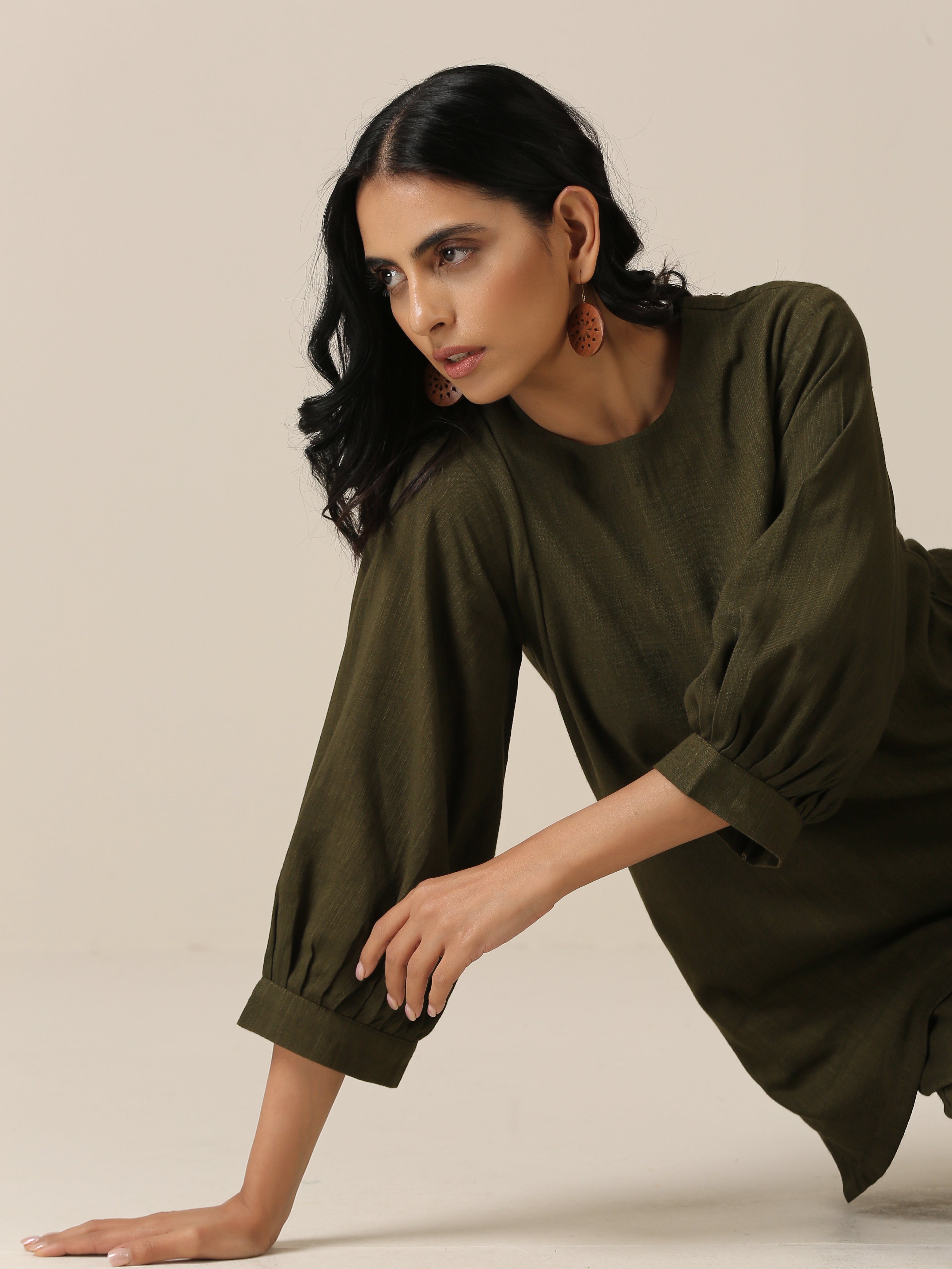 trueBrowns Olive Green Slub Texture Baggy Sleeve Co-Ord Set | Grocsy