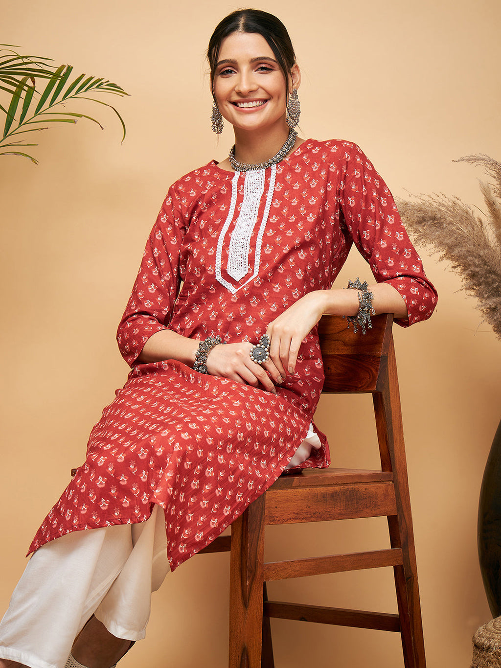 InWeave Women's Rust Small Floral Print Lace Straight Kurta Pant Set | Grocsy