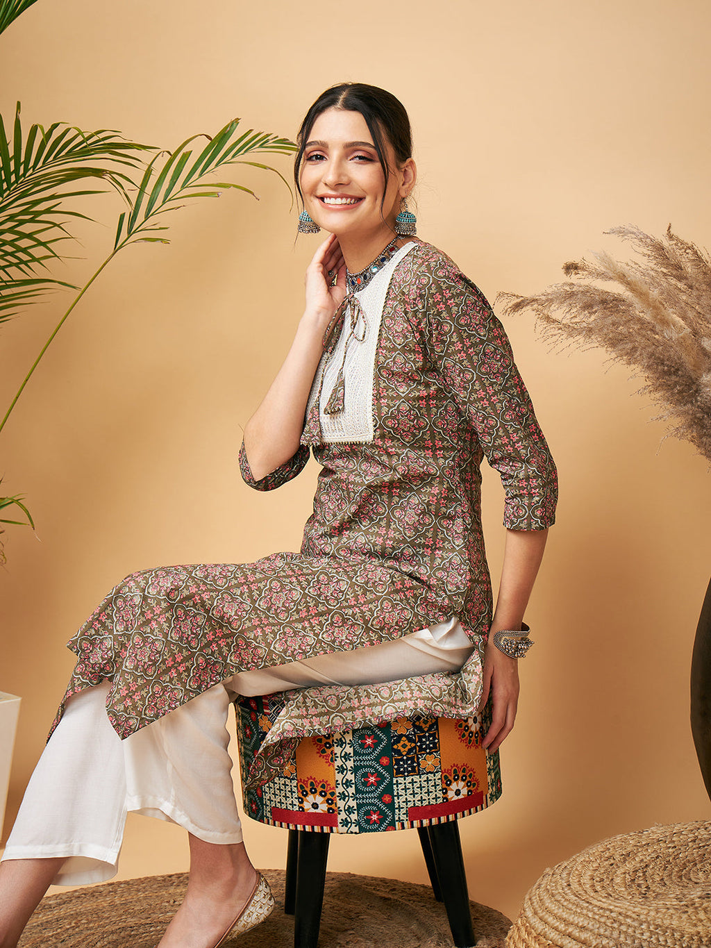 InWeave Women's Green Red Ajrakh Print Cotton Patch Work Straight Kurta Pant Set | Grocsy