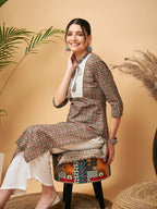 InWeave Women's Green Red Ajrakh Print Cotton Patch Work Straight Kurta Pant Set | Grocsy