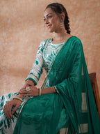 InWeave Women's White Teal Lurex Leaf Print Patch Gota Kurta Set W Teal Dupatta | Grocsy