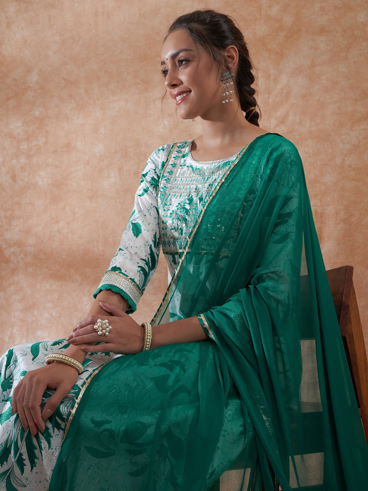 InWeave Women's White Teal Lurex Leaf Print Patch Gota Kurta Set W Teal Dupatta | Grocsy