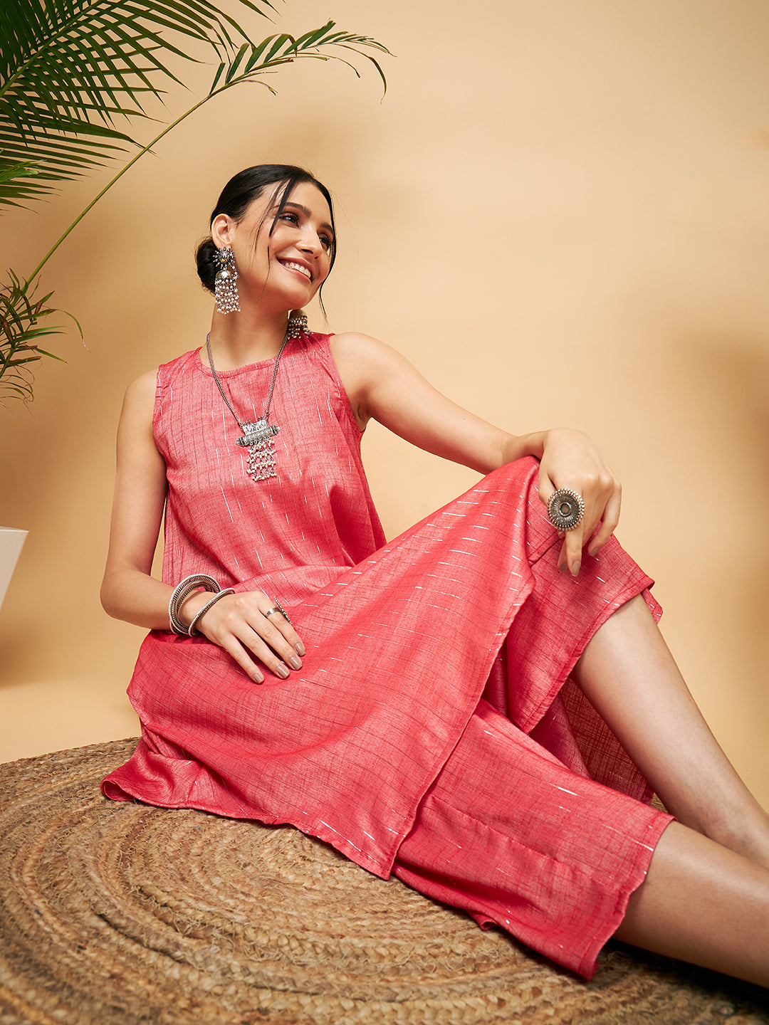 InWeave Women's Red Lurex Short Pallazo Kurta Set | Grocsy