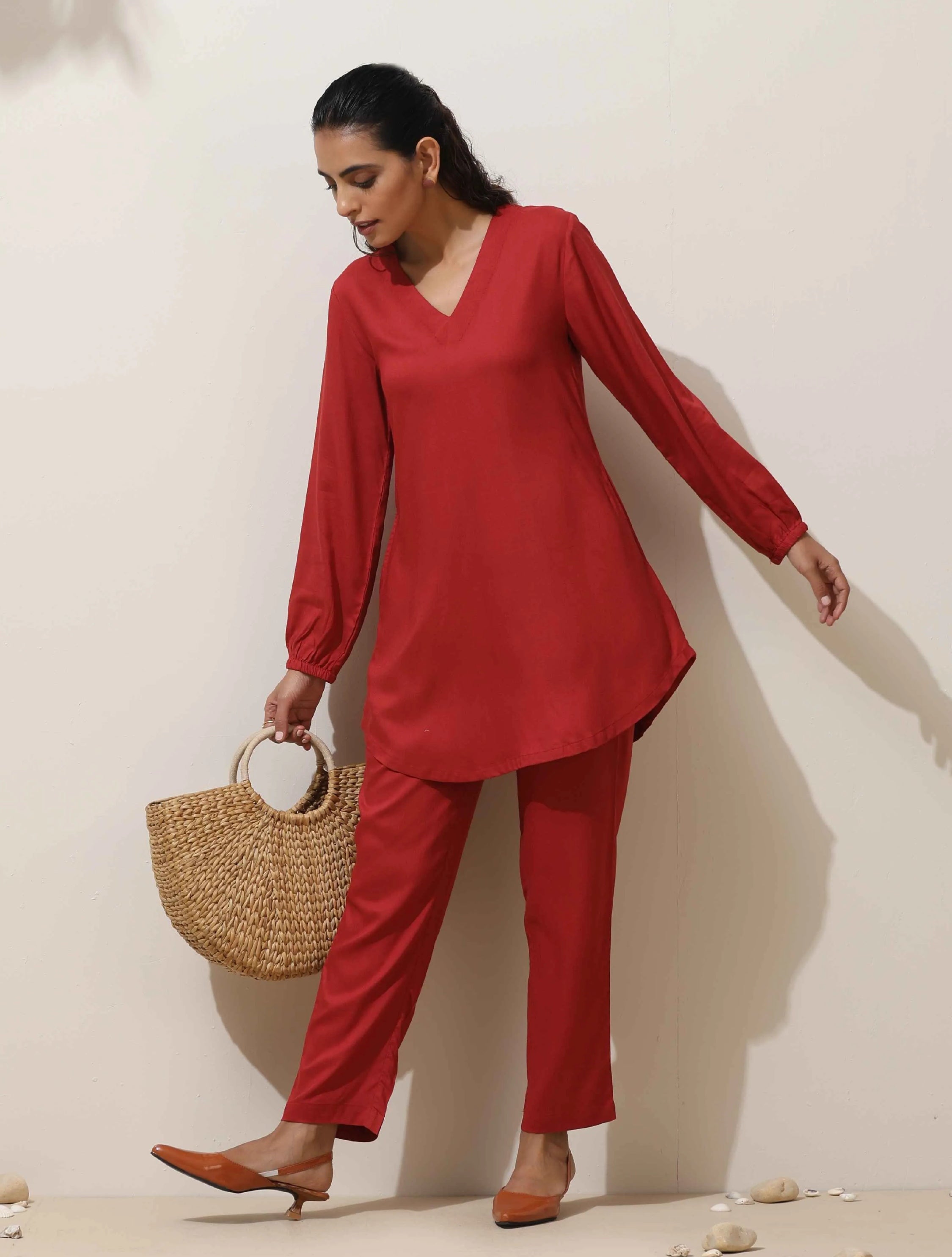 trueBrowns Maroon Viscose Co-ord Set | Grocsy