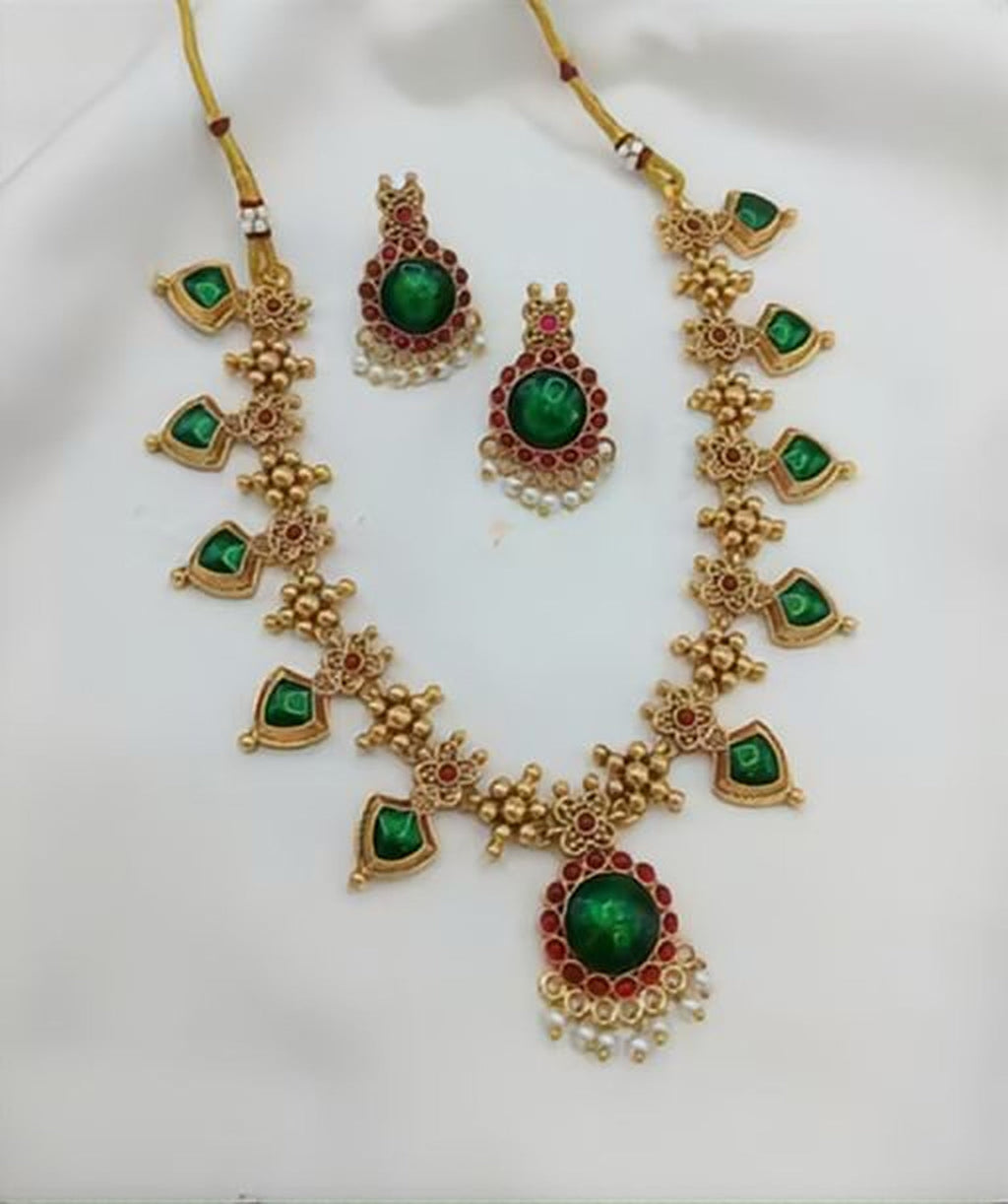 Jewel City Traditional Gold-Plated Temple Jewelry Necklace Set with Matching Earrings, Handcrafted Ethnic Bridal Party Wear | Grocsy