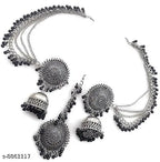 Tehzeeb Creations Women's Silver And Black Colour Oxidised Earrings With Tikka | Grocsy