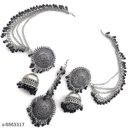 Tehzeeb Creations Women's Silver And Black Colour Oxidised Earrings With Tikka | Grocsy