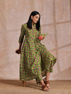 trueBrowns Lime Green Overall Pink Floral Block Print Cotton Flared Kurta Pant Set | Grocsy