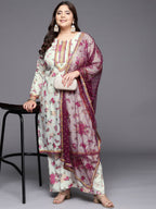 Ahalyaa Plus Size Floral Printed Zari Kurta with Palazzos & With Dupatta | Grocsy