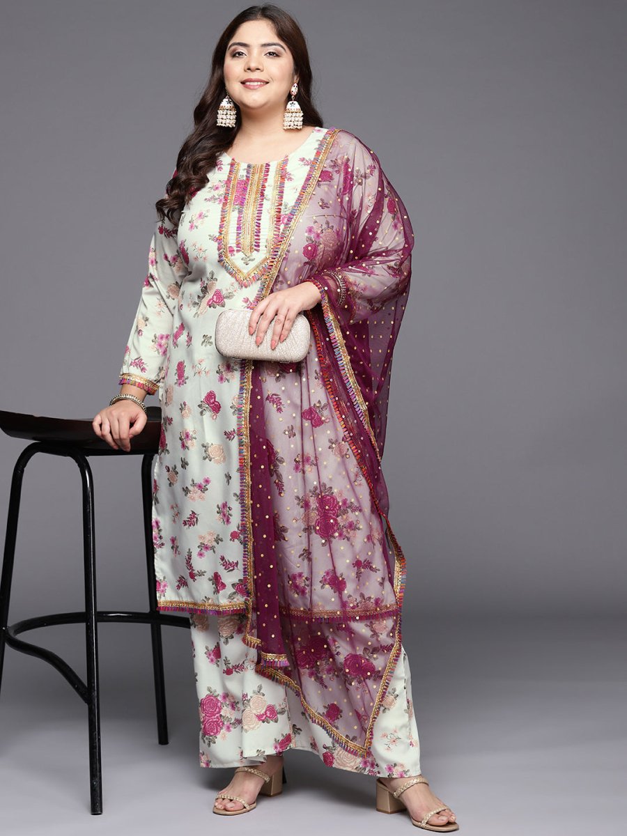 Ahalyaa Plus Size Floral Printed Zari Kurta with Palazzos & With Dupatta | Grocsy