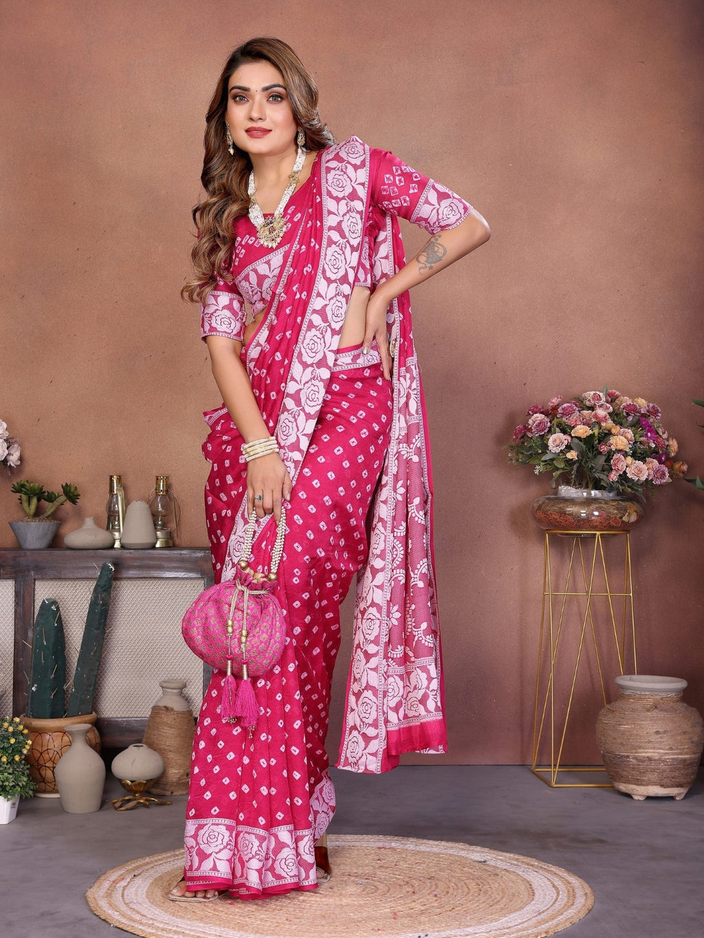 Anaita Pink Handmade Bandhej Viscose Silk Saree With Blouse | Grocsy
