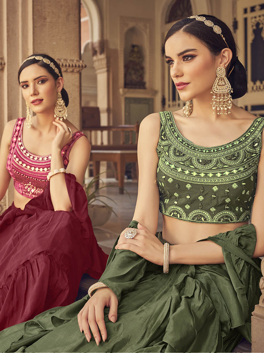 Myra Olive Chinon & Art SIlk Embroidered Designer Lehenga Choli | Grocsy